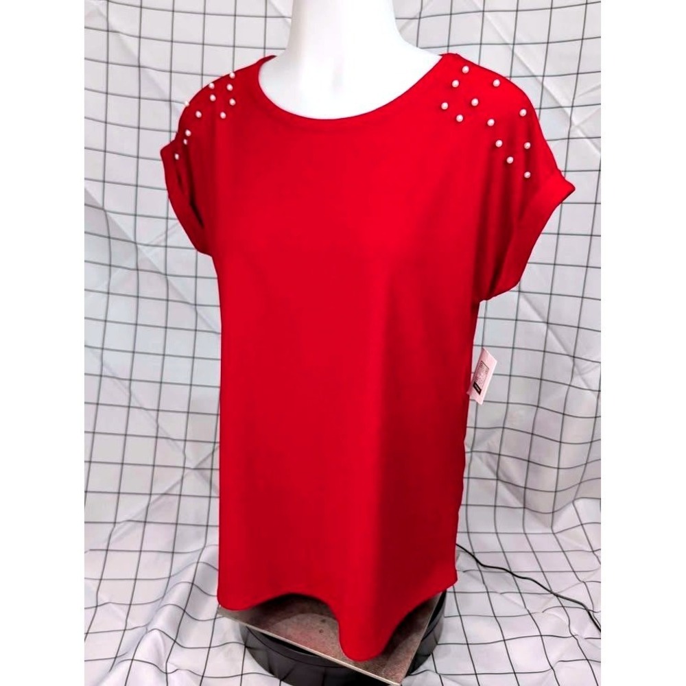 89th + Madison~Ruby Red Knit Blouse~Cap Sleeves/Pearl Embellishment~Size S/P~NWT